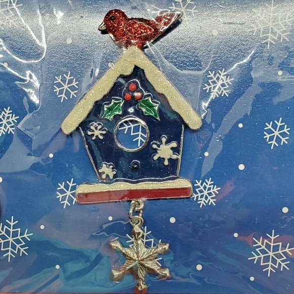 NEW Vintage Papel Giftware Christmas Brooch Pin Enamel Silver Tone Birdhouse - Picture 3 of 4